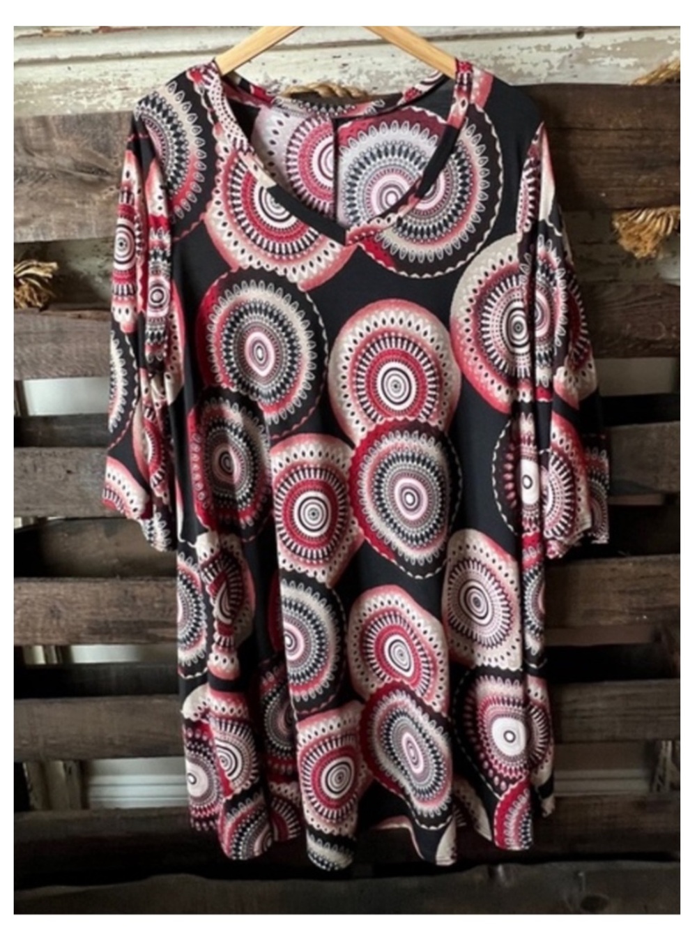 SOL R.H.R. 3/4 Sleeve V-Neck Mini Shift Dress in Burgundy/Black Mandala Print XL